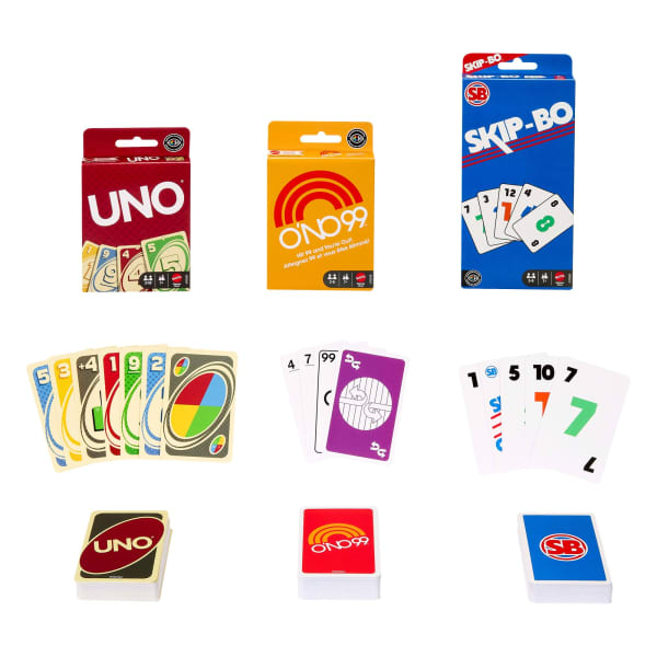 Mattel Vintage Set With 3 Card Games UNO O’No 99 & Ski-Bo For Kid Adult & Family Nights & Parties