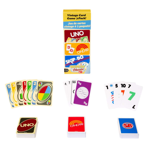 mattel Vintage Set With 3 Card Games UNO O’No 99 & Ski-Bo For Kid Adult & Family Nights & Parties