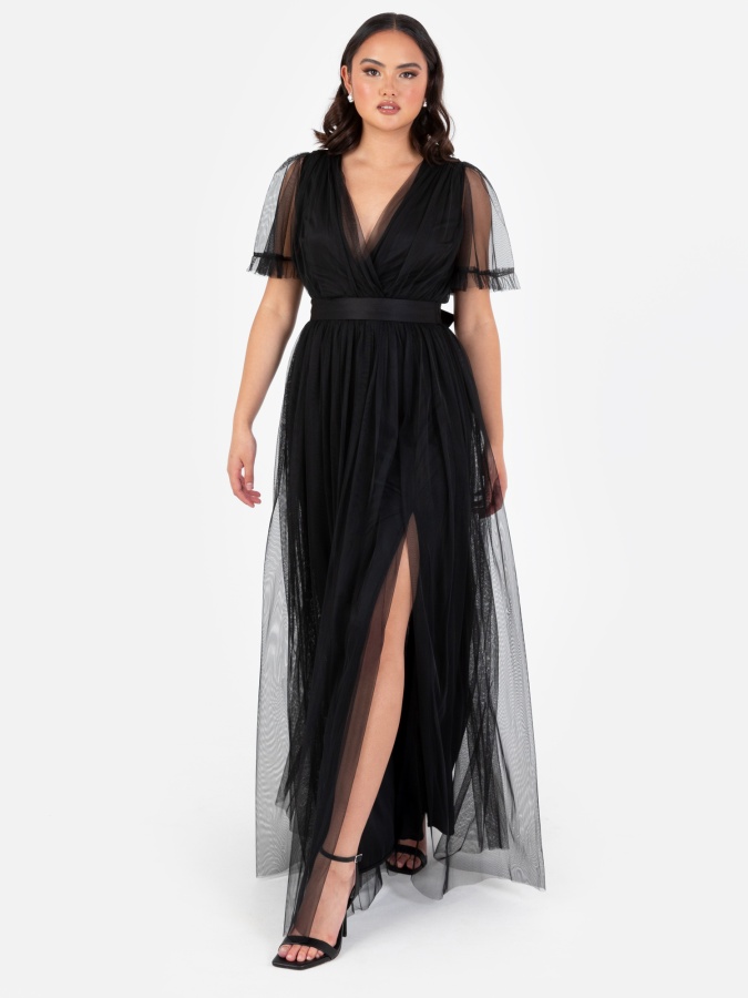 maya deluxe Anaya With Love Recycled Black Faux Wrap Maxi Dress With Sash Belt
