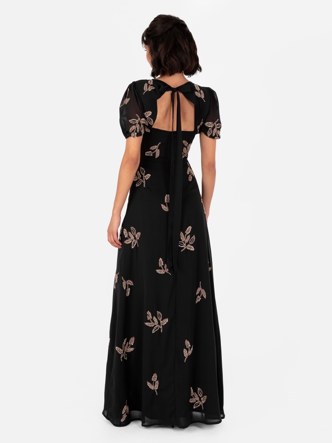 Maya Deluxe Maya Black Embellished Short Sleeve Maxi Dress With Open Back