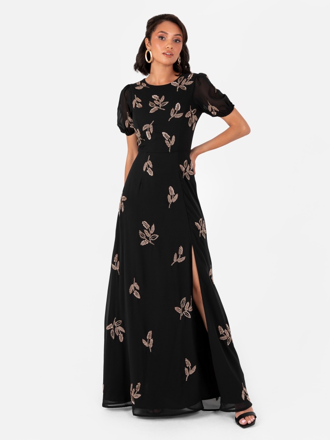 maya deluxe Maya Black Embellished Short Sleeve Maxi Dress with Open Back
