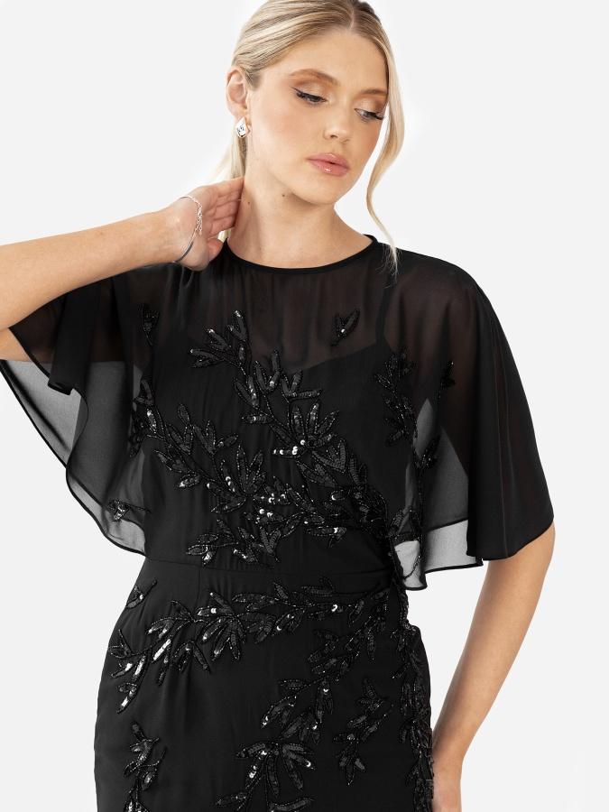 Maya Deluxe Maya Black Floral Embellished Angel Sleeve Maxi Dress