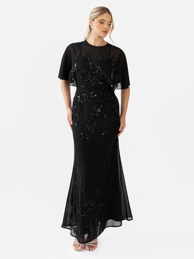maya deluxe Maya Black Floral Embellished Angel Sleeve Maxi Dress