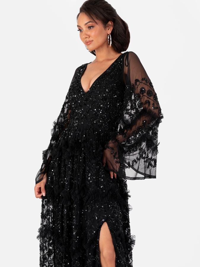 Maya Deluxe Maya Black Fully Embellished Maxi Dress With Frill Detail