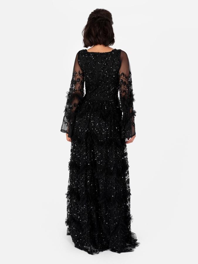 Maya Deluxe Maya Black Fully Embellished Maxi Dress With Frill Detail