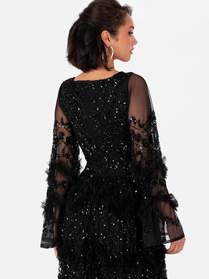Maya Deluxe Maya Black Fully Embellished Maxi Dress With Frill Detail