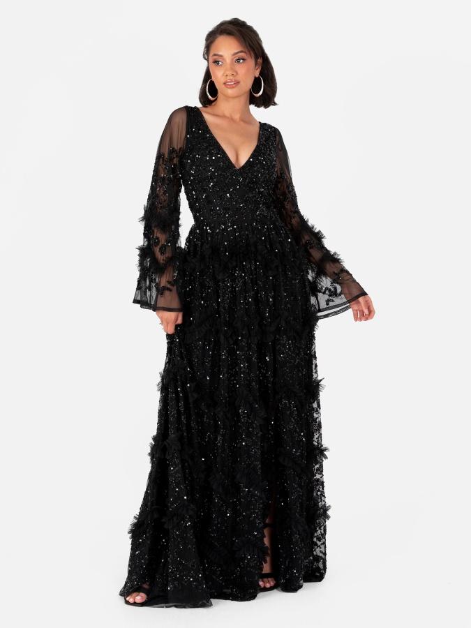 maya deluxe Maya Black Fully Embellished Maxi Dress with Frill Detail