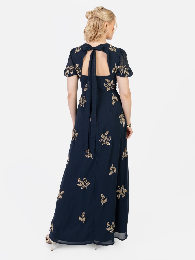 maya Deluxe Maya Navy Embellished Short Sleeve Maxi Dress With Open Back