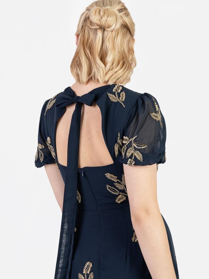 maya Deluxe Maya Navy Embellished Short Sleeve Maxi Dress With Open Back