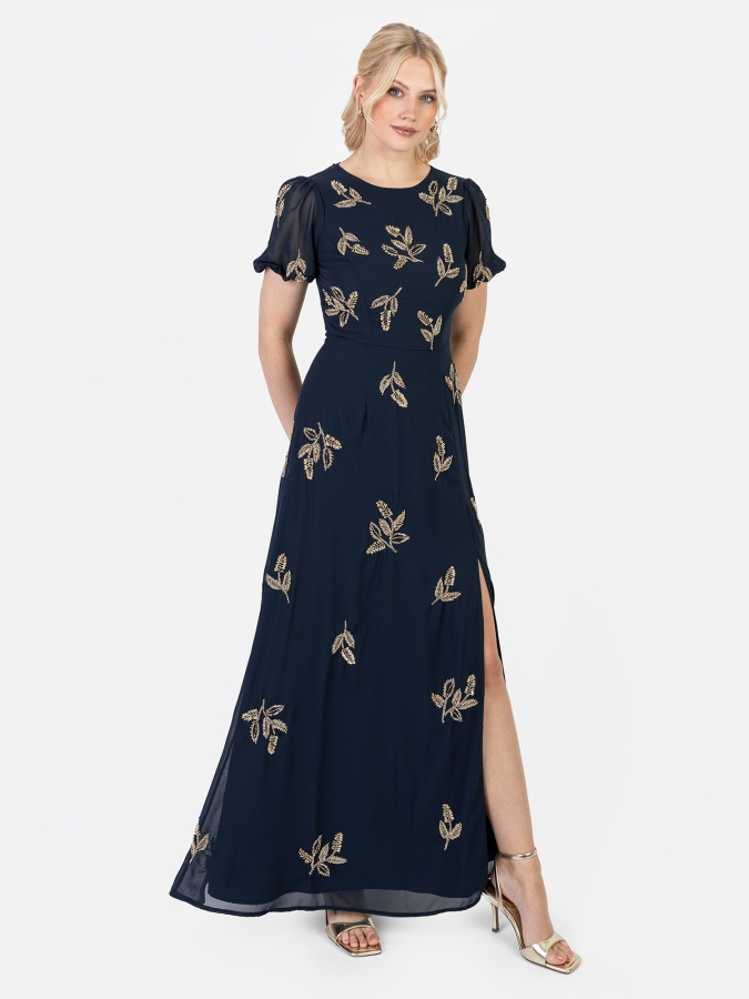 maya deluxe Maya Navy Embellished Short Sleeve Maxi Dress with Open Back