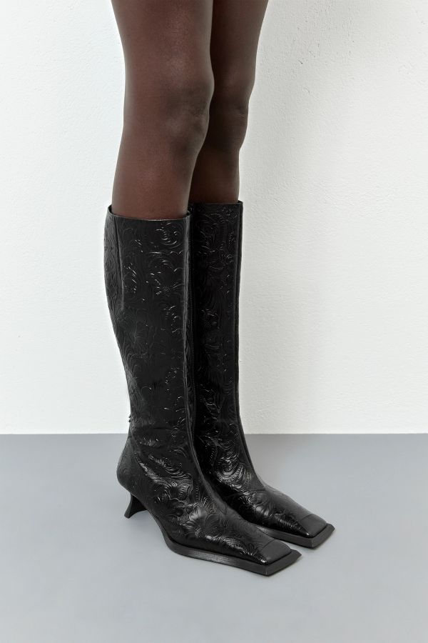 miista Alfreda Boots Tall Black Embossed Print Leather