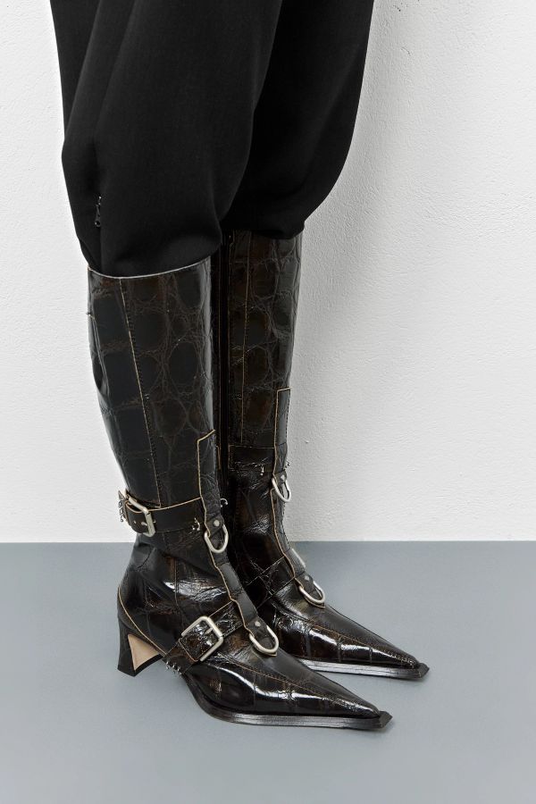 miista Eliya Boots Tall Brown Embossed Croco Leather