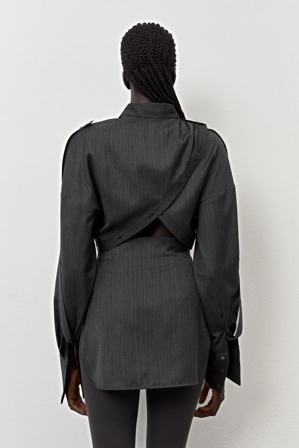 Miista Halia Shirt Multifunctional Grey Pinstriped Virgin Wool