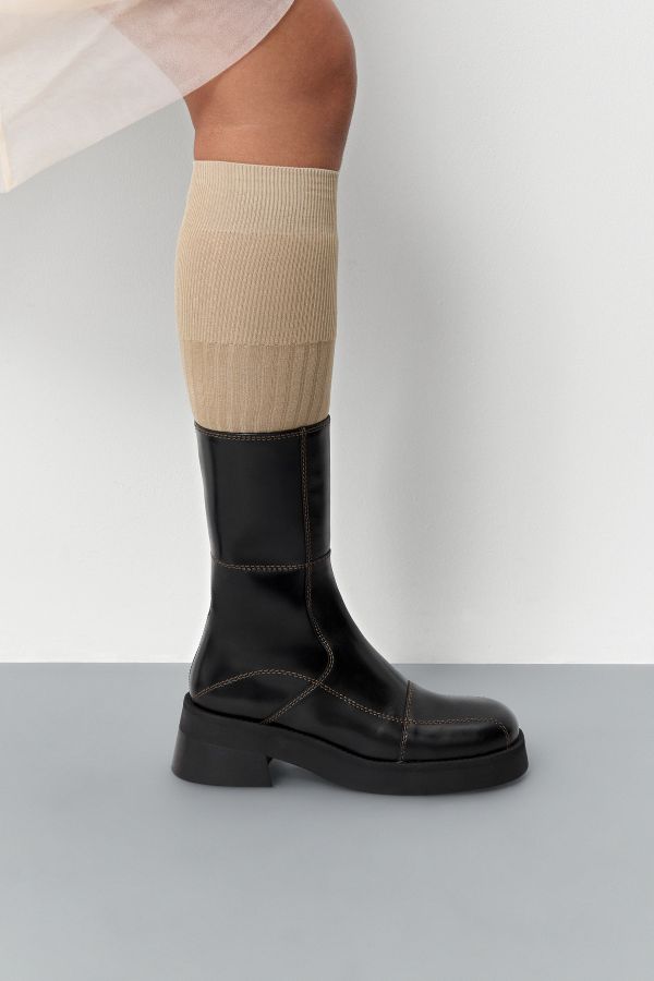 Miista Heya Boots Black Leather Brown Stitiching