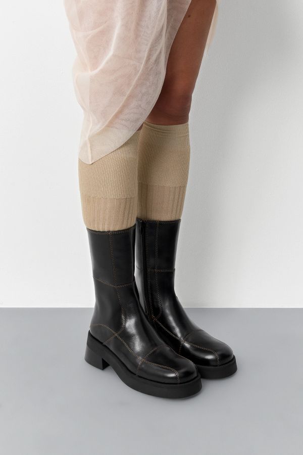 miista Heya Boots Black Leather Brown Stitiching