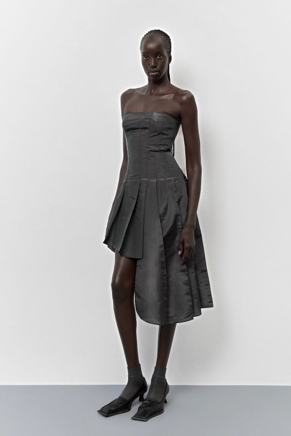miista Lucrezia Dress Grey Pleated Shimmer Silk