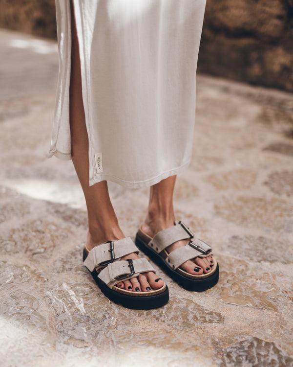 Mikuta The Beige Suede Buckle Sandals