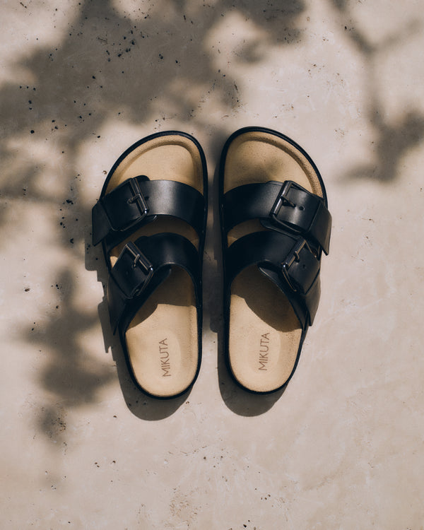 Mikuta The Black Leather Buckle Sandals