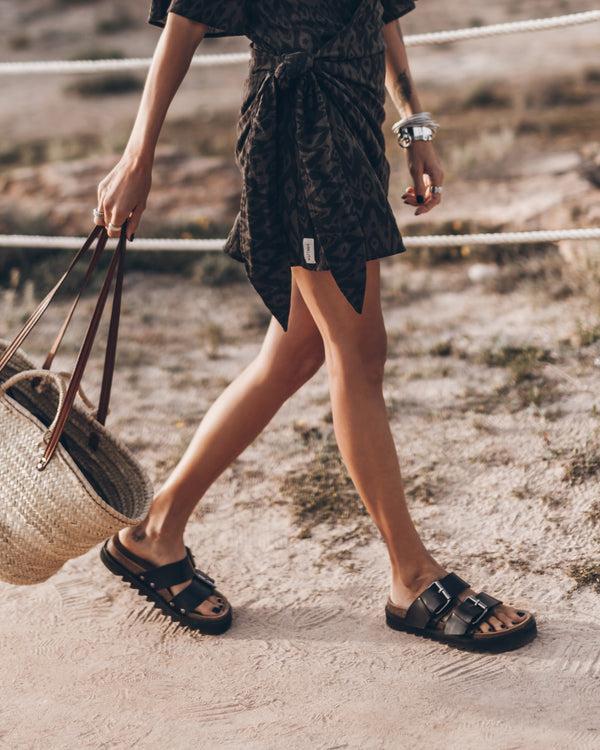 Mikuta The Black Leather Buckle Sandals