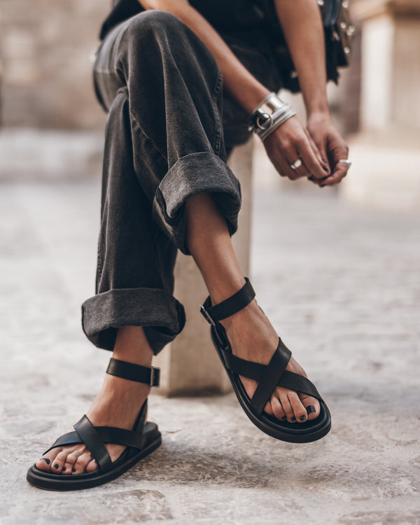 mikuta The Black Strappy Leather Sandals