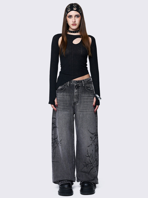 Minga London Blaze Grey Graphic Baggy Jeans