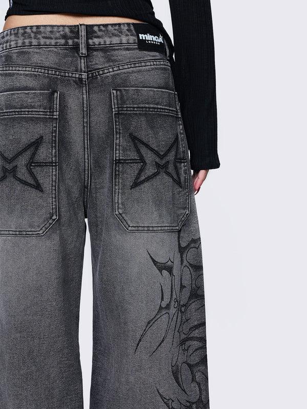 Minga London Blaze Grey Graphic Baggy Jeans