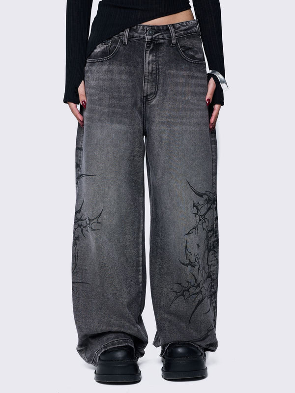 minga london Blaze Grey Graphic Baggy Jeans