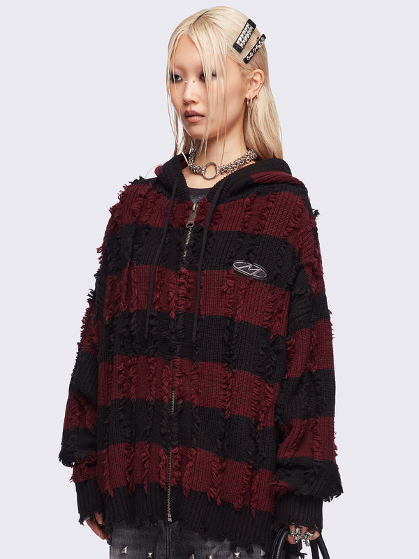 Minga London Ellis Red Knitted Zip-Up Hoodie