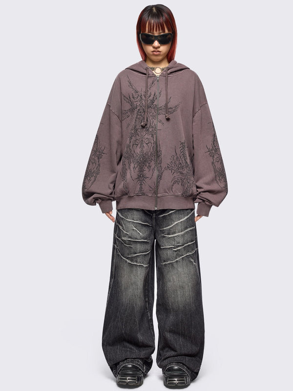 Minga London Enigmatic Brown Washed Zip Up Hoodie