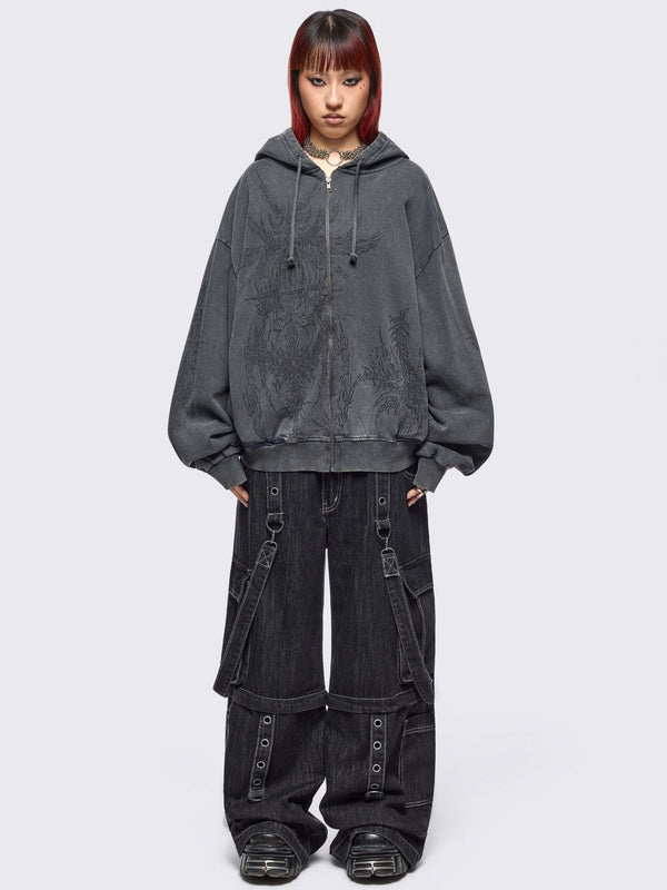 Minga London Enigmatic Grey Washed Zip Up Hoodie