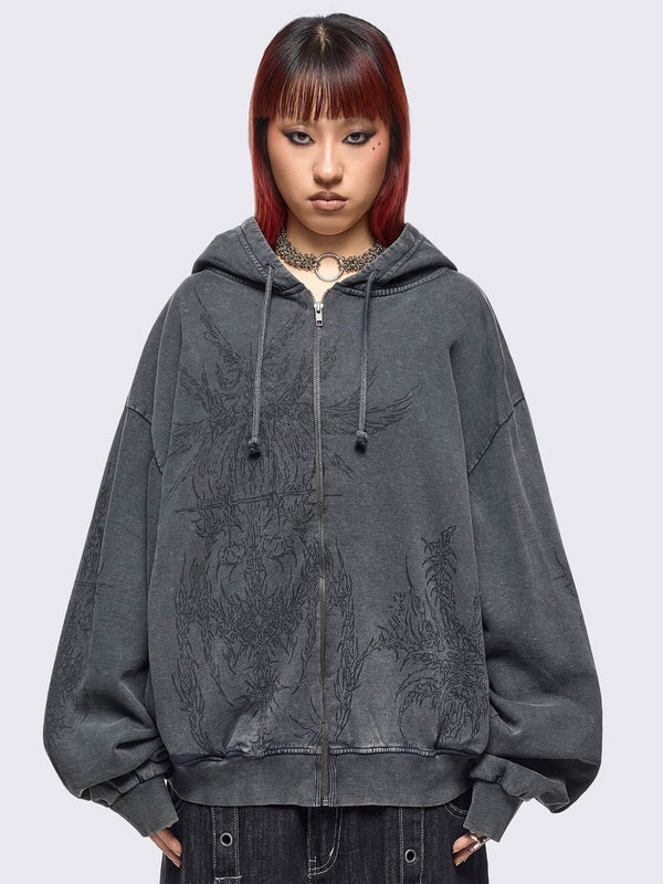 minga london Enigmatic Grey Washed Zip Up Hoodie
