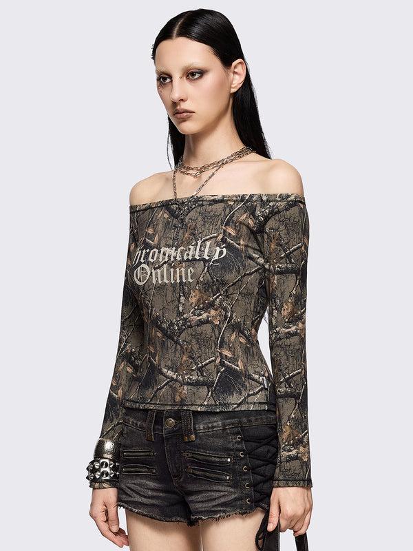 Minga London Forest Tree Camo Off-Shoulder Top