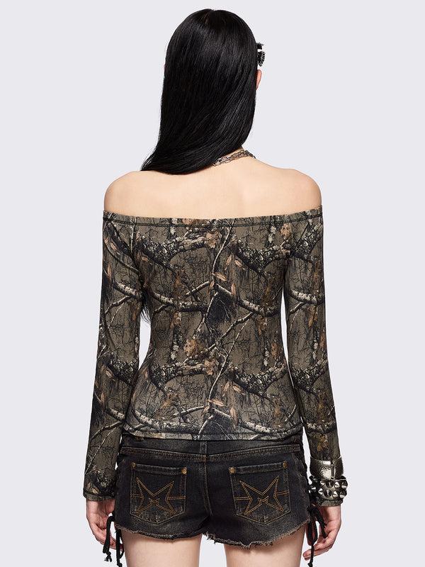 Minga London Forest Tree Camo Off-Shoulder Top