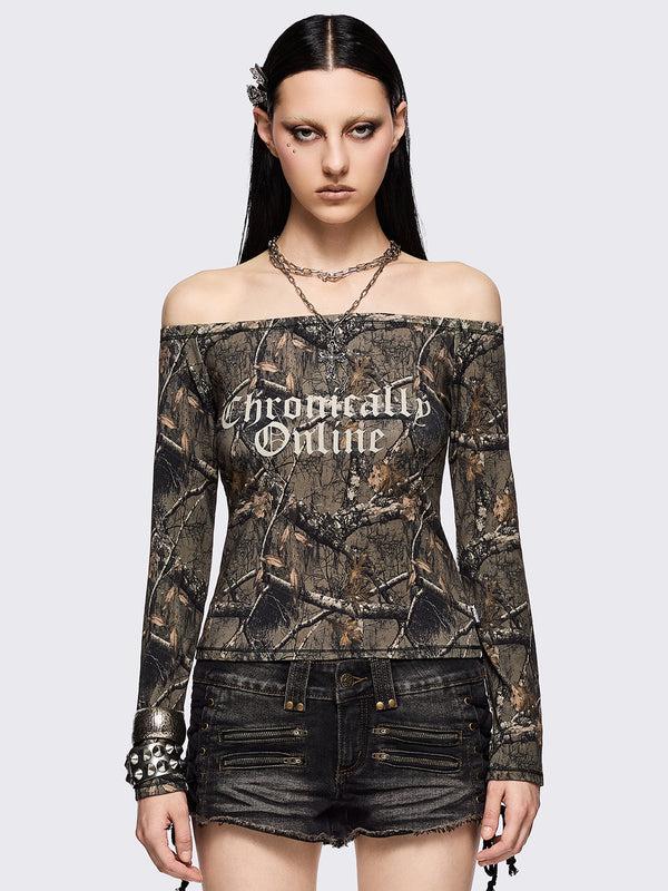 minga london Forest Tree Camo Off-Shoulder Top