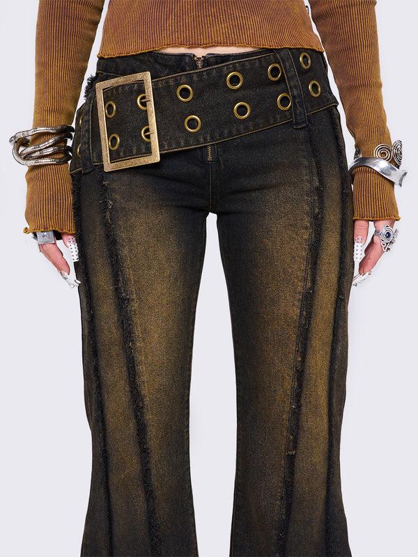 Minga London Gia Overdye Belted Flared Jeans