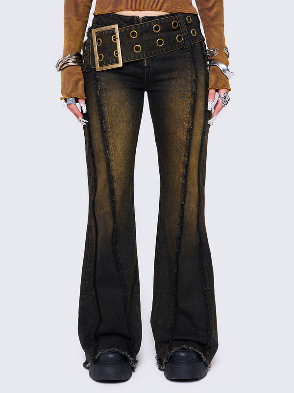 minga london Gia Overdye Belted Flared Jeans