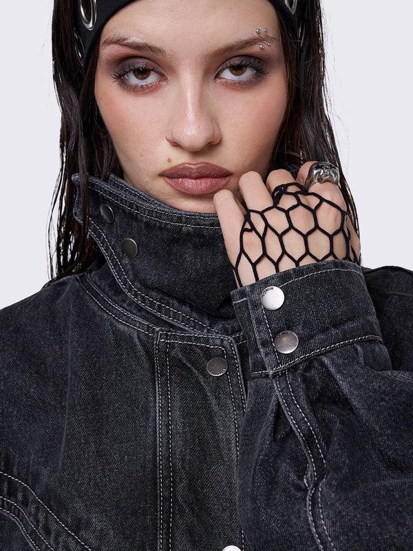 Minga London Joy Black Denim Bomber Jacket