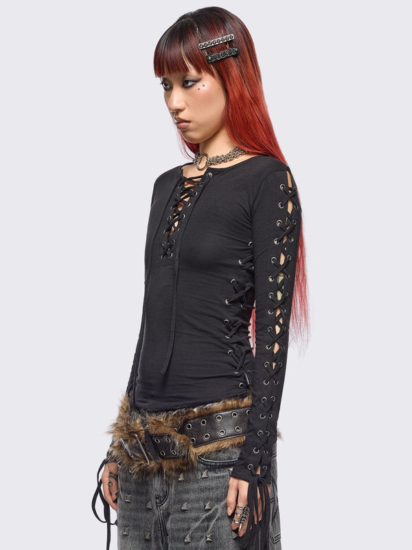 Minga London Khaela Black Lace-Up Top