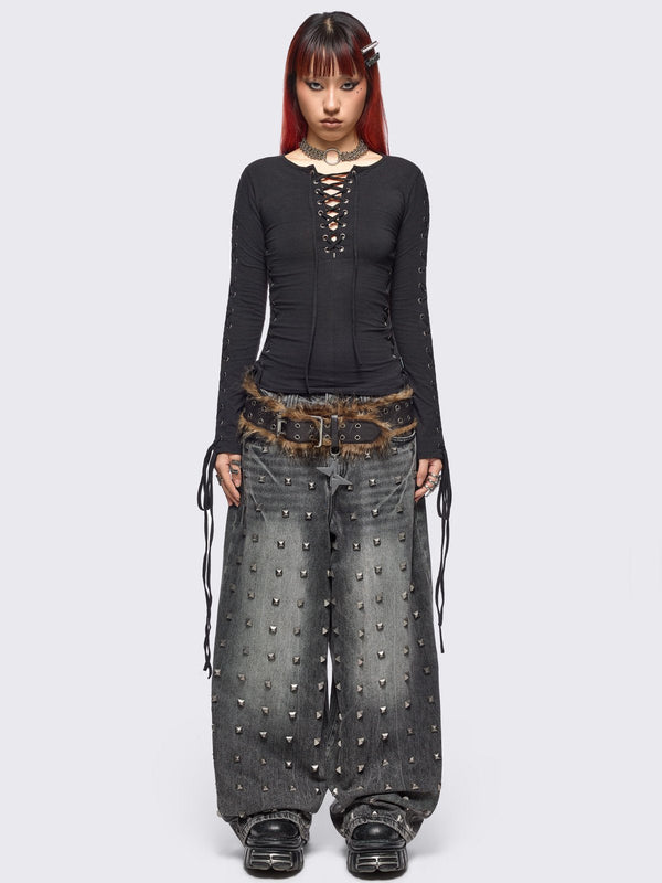 Minga London Khaela Black Lace-Up Top