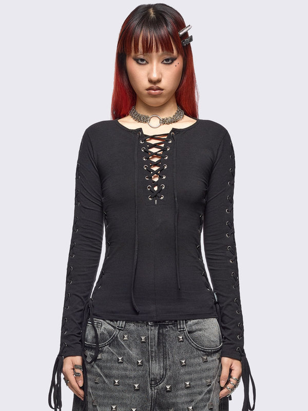 minga london Khaela Black Lace-Up Top