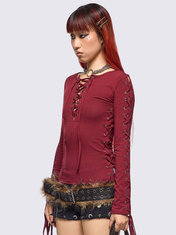 Minga London Khaela Burgundy Lace-Up Top