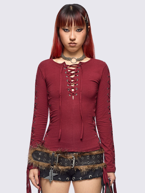 minga london Khaela Burgundy Lace-Up Top