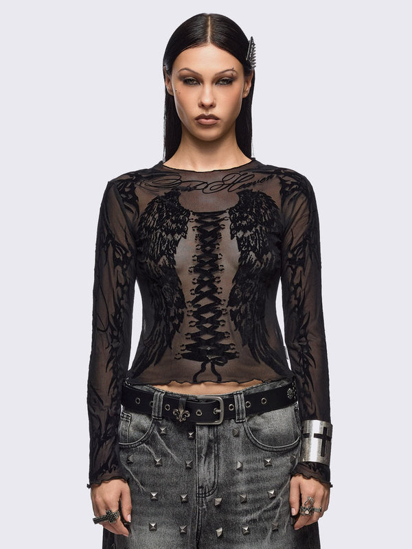 minga london Wing It Black Mesh Top