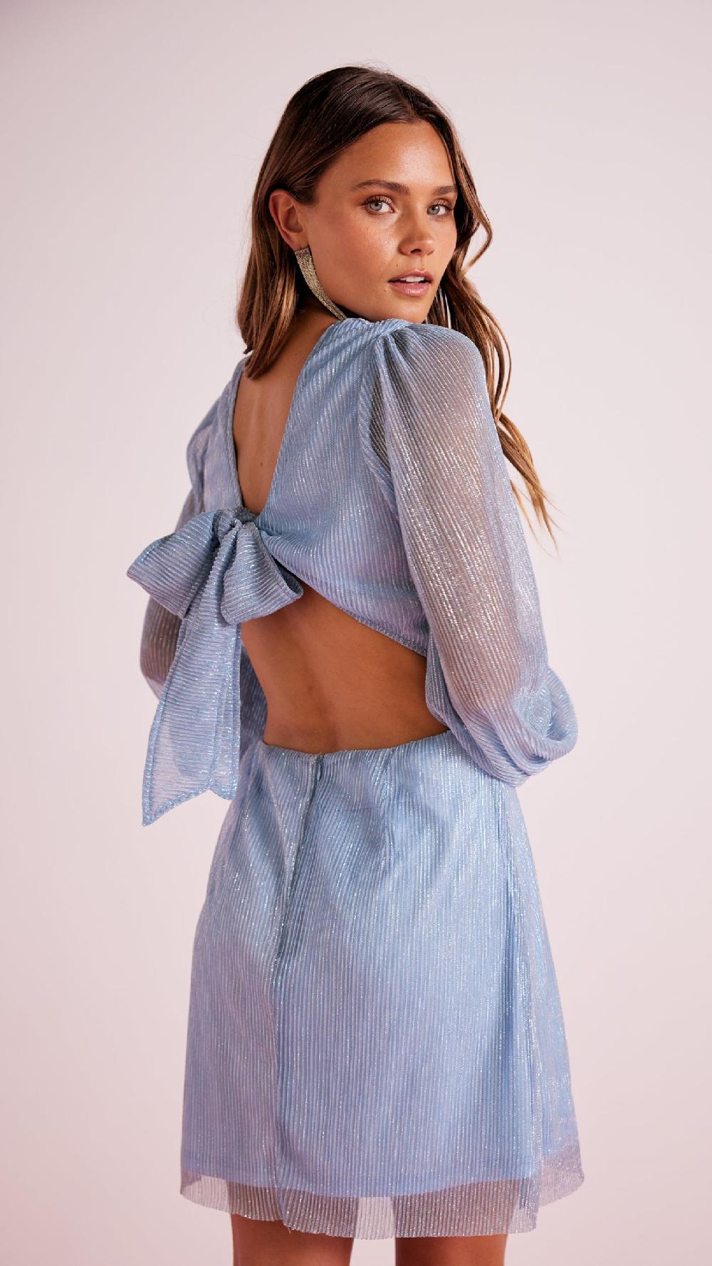 minkpink Astrid Plisse Tie Back Mini Dress Blue - Final Sale