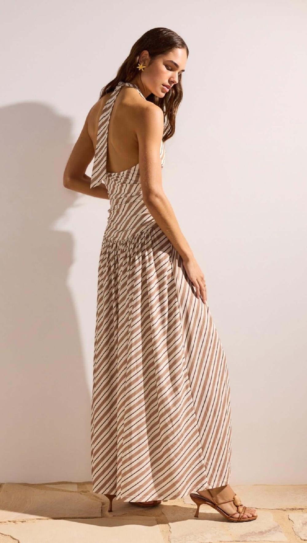 Minkpink Brown & Cream Stripe Low-Waist Halter Maxi Dress