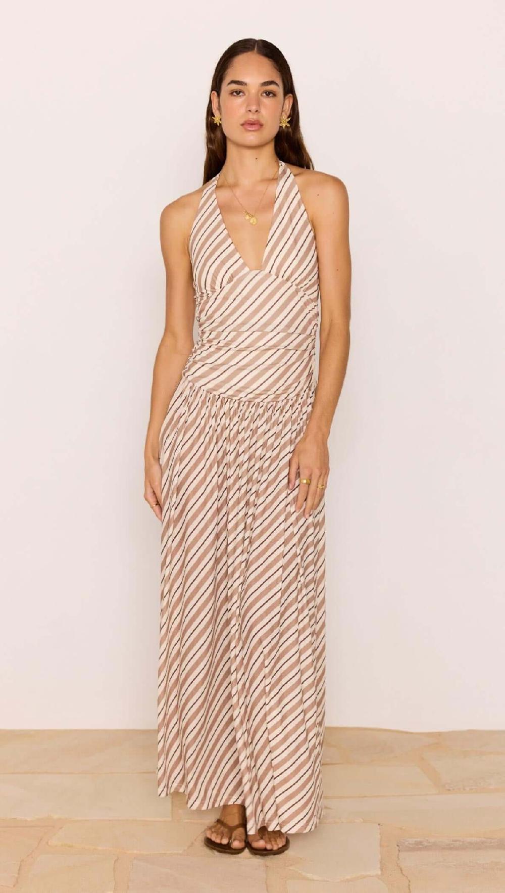 Minkpink Brown & Cream Stripe Low-Waist Halter Maxi Dress