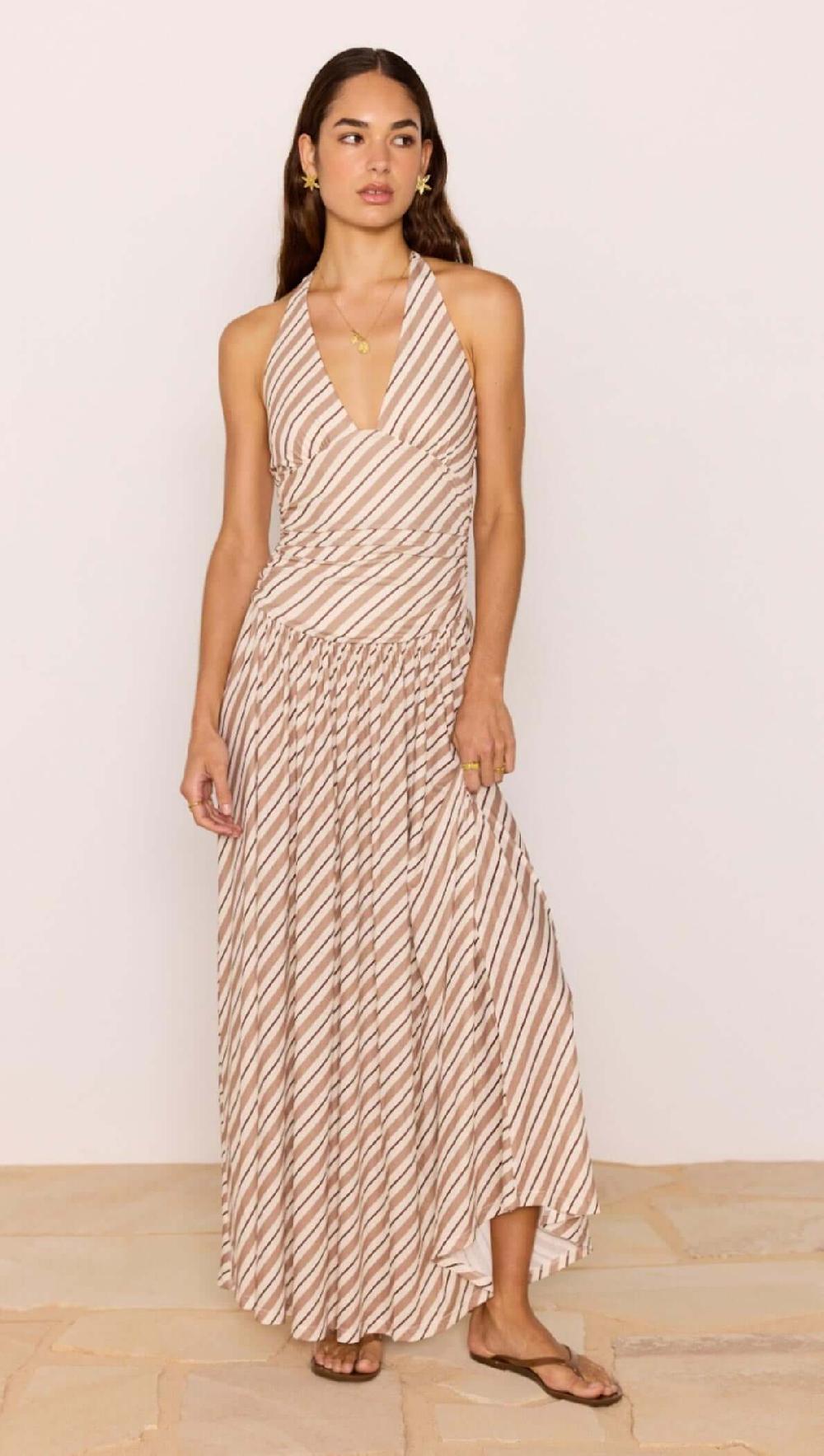Minkpink Brown & Cream Stripe Low-Waist Halter Maxi Dress