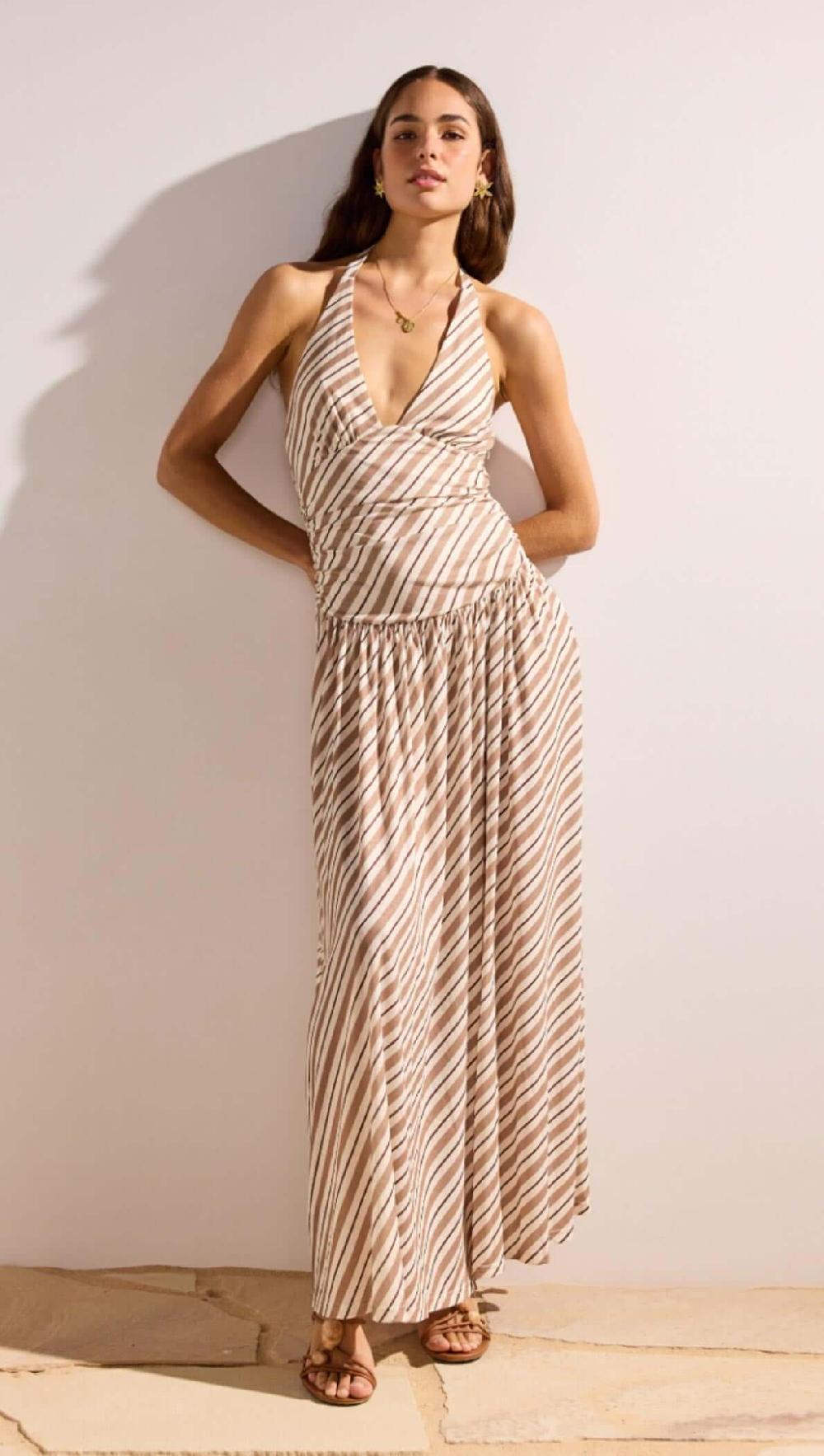 minkpink Brown & Cream Stripe Low-Waist Halter Maxi Dress