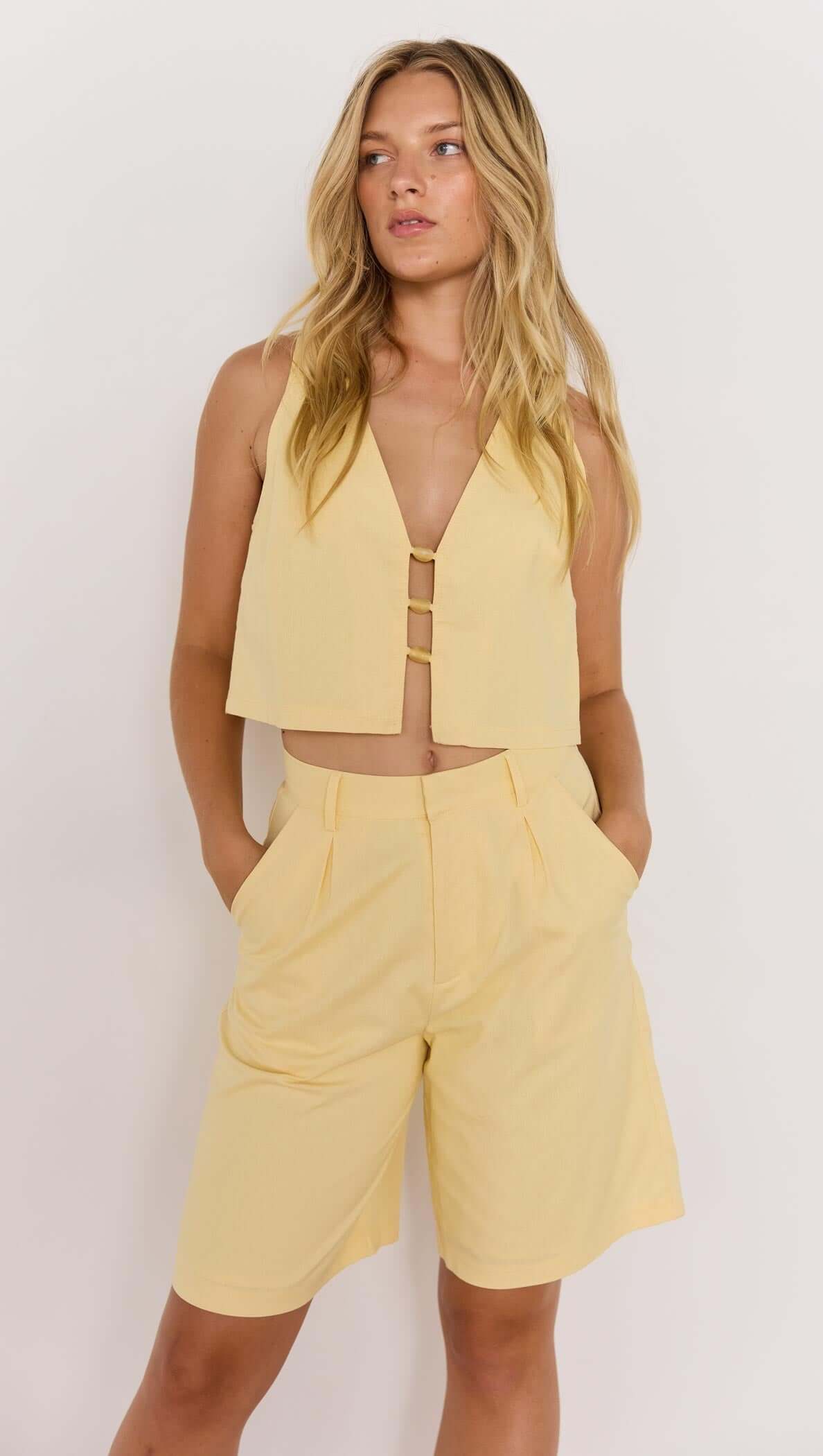 Minkpink Butter Yellow Linen Crop Top With Bead Detail