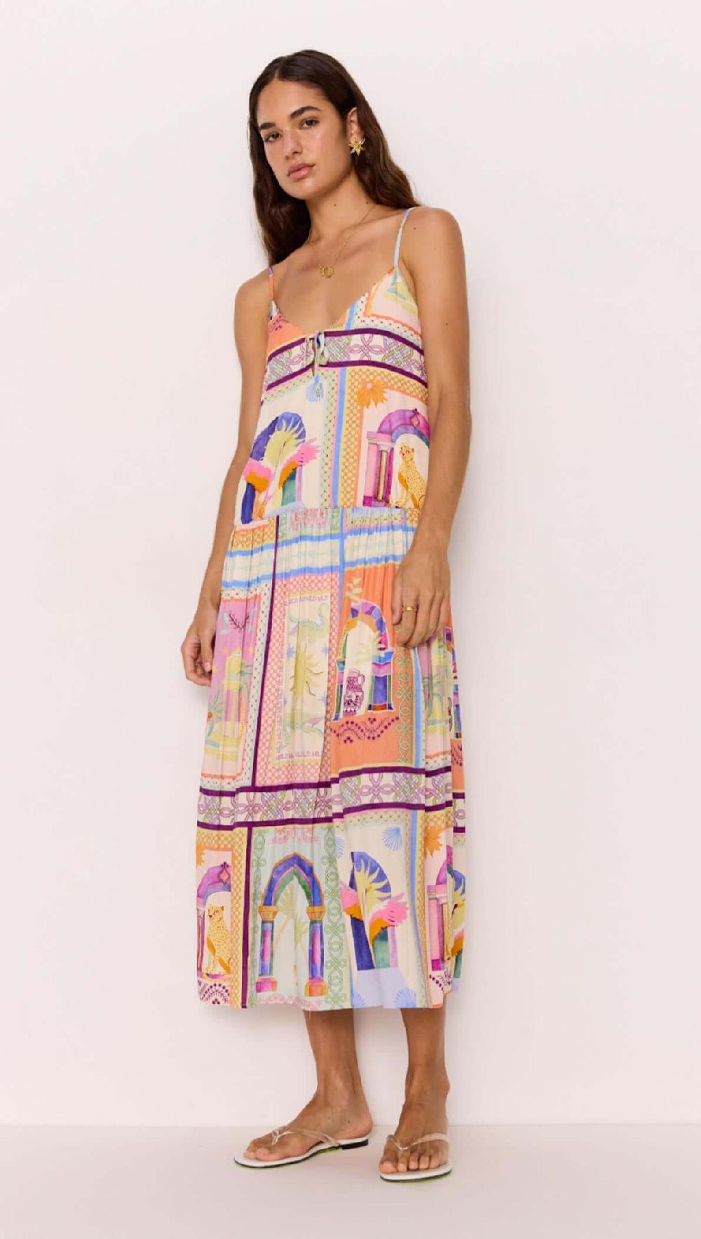 Minkpink Dropped-Waist Strappy Midi Dress In Multicolour Print